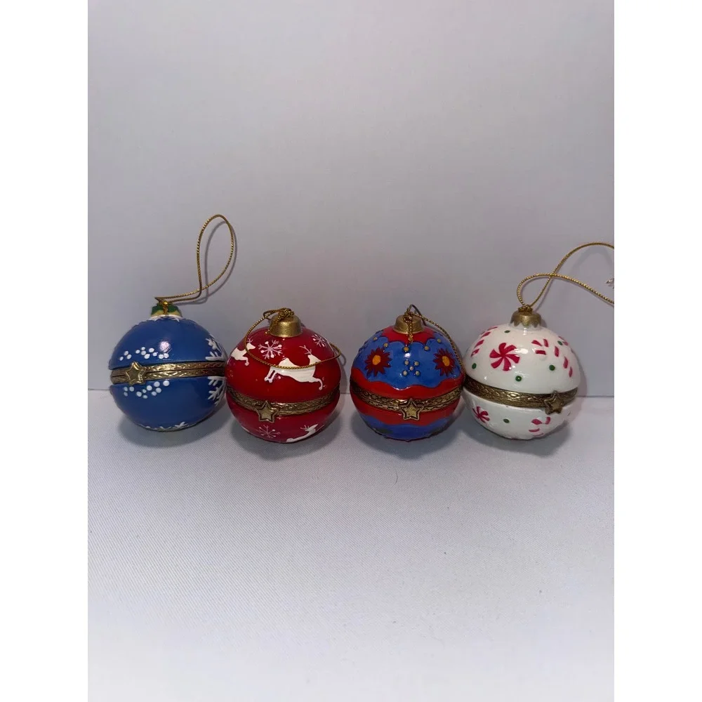 Vintage Porcelain Hinged Trinket Box Christmas Ornaments Santa Reindeer Set of 5